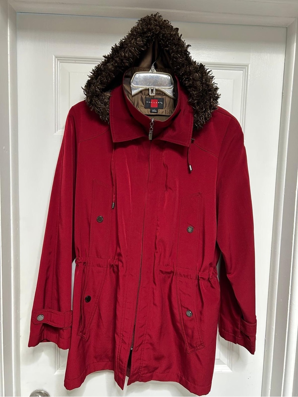 Gallery Red Military-Style Field Jacket with Brown Faux-Fur Trim